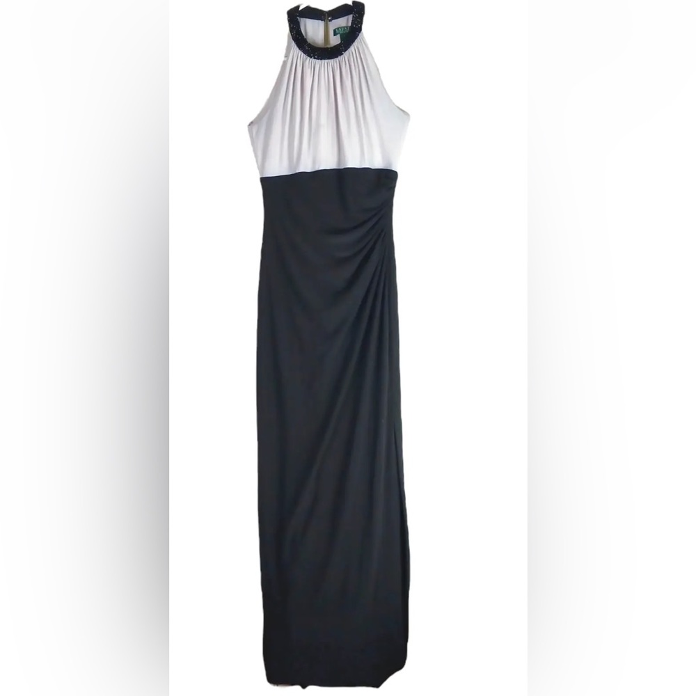 Ralph Lauren Evening Womens Maxi Gown Dress Colorblock Size 6 Beaded Neck